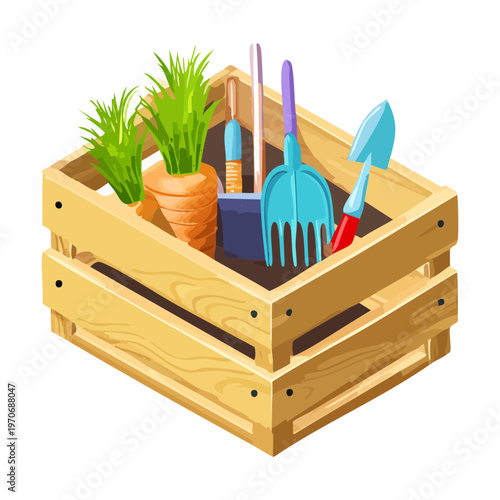 garden tool box with plants and equipment for backyard landscaping and maintenance decoration element in isometric view for mobile game nature scenery asset