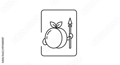 Cute Cartoon Peach Character with Spear, Warrior Fruit Icon, Healthy Food Concept