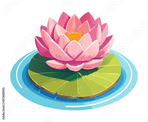 Pink lotus flower floating on water for garden pond decoration zen garden element and aquatic plant illustration for landscape design and peace concept