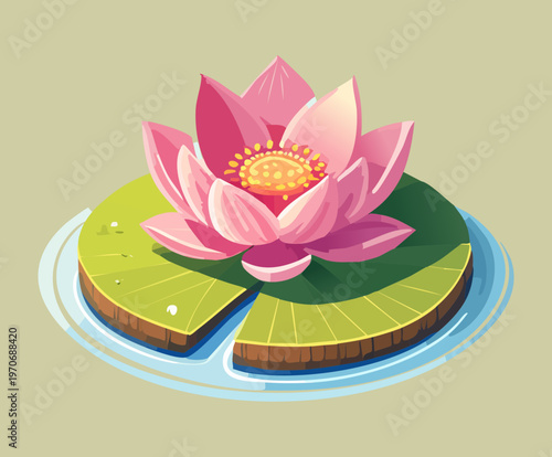 Blooming lotus on lily pad for garden water feature design aquatic flora for park pond and zen meditation garden landscape element vector illustration