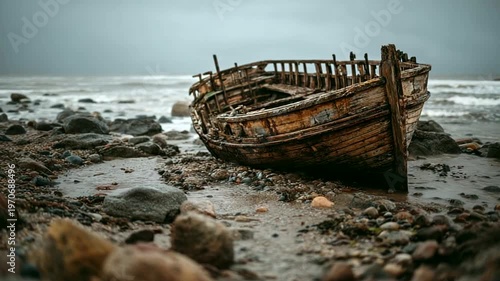 Abandoned wooden boat on rocky beach under gray sky