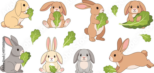 Cute Bunny Rabbits Eating Lettuce, Cartoon Style, with Various Poses and Expressions, Perfect for Animal, Spring, and Kids’ Illustration Designs