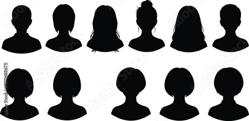 Set of twelve head silhouette icons with diverse hairstyles for character design, identity, and facial recognition themes