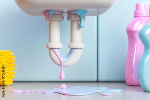 Leaking sink pipes with colorful liquid dripping onto a surface