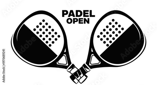 Padel Open: Two Racquets and Game Championship Silhouette in Black and White Design