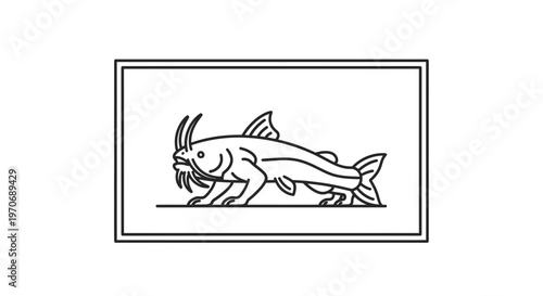 Stylized Catfish Line Art Illustration in Rectangle Frame