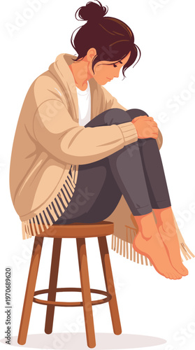 Flat design illustration of sad woman sitting on stool feeling lonely and depressed