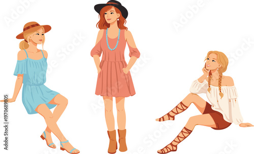 Flat design illustration of stylish women in summer outfits posing for fashion and lifestyle use