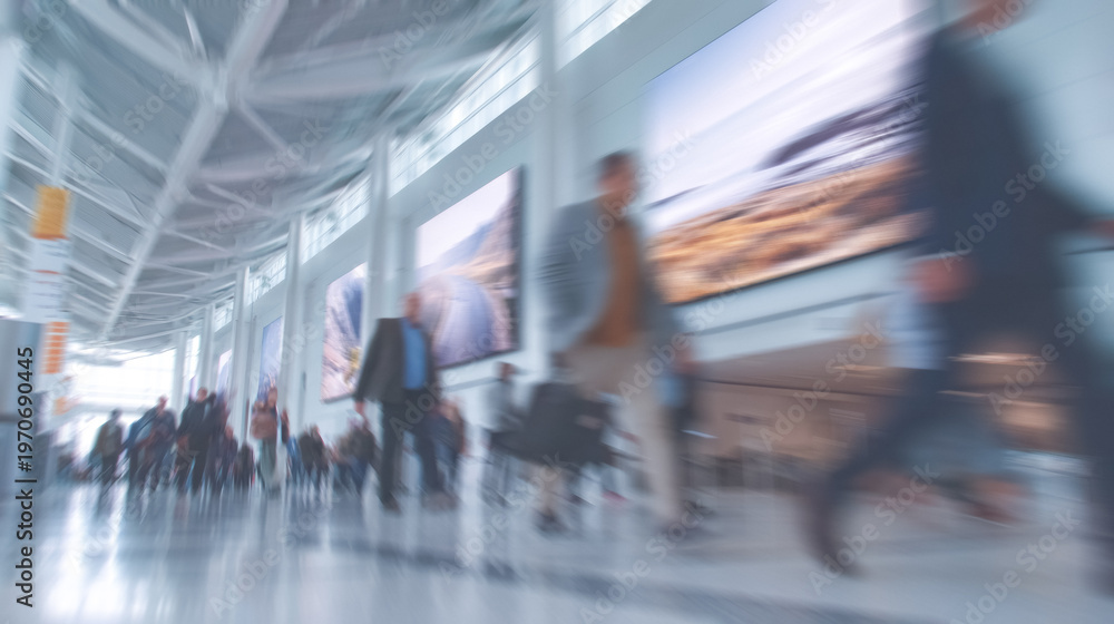 Fototapeta premium Motion blur of people walking in a transportation hub, with a large screen in the background, making it suitable as a dynamic background for digital graphics.