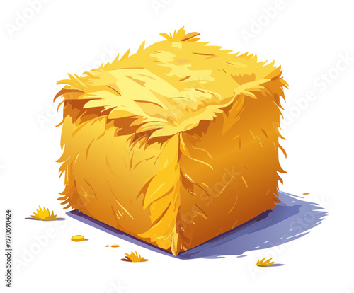 Large square hay bale for isometric farm harvest decoration and rural village environment design in casual mobile game world building asset