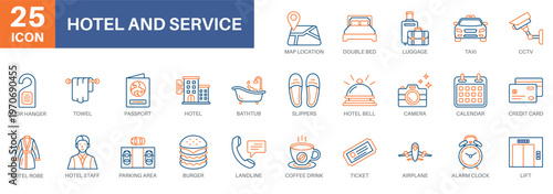hotel icon set, traveling, accommodation,metal,travel destination, and service. Simple vector symbols collection suitable for symbols and more