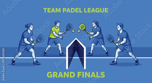 Padle League Tournament Depiction With Players, Net, Balls And Blue Background