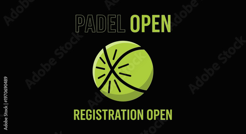 Padle Open Tournament Announcement Featuring a Graphic of a Green Tennis Ball Against Black