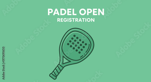 Padel Tournament Open Registration Invitation And Green Paddle Graphic On Solid Background