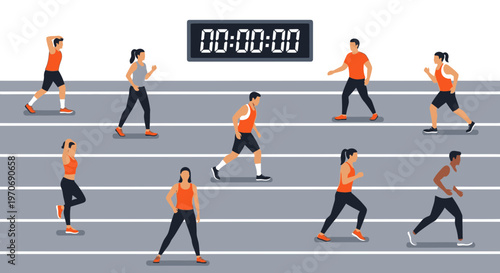 People Exercise With Timer In Sprinting Track Demonstrating A Healthy Lifestyle