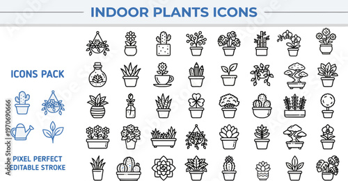 Outline vector icon set of indoor house plants and gardening