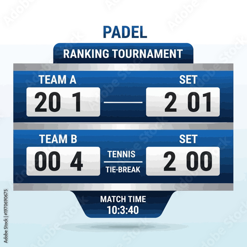 Padel Tournament Scoreboard Illustrating Competitive Tennis Set and Tie-Break Match Display