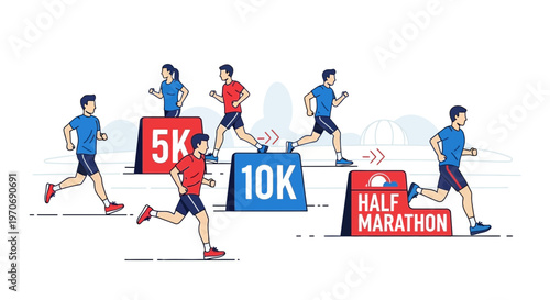 People Running a Race Illustration Featuring 5K, 10K, and Half Marathon Events