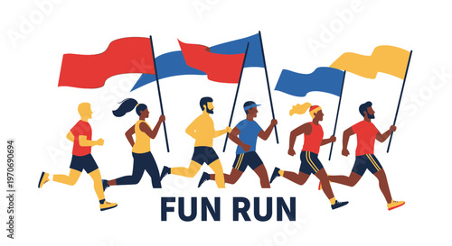 People Running a Fun Run Race with Flags and Cheerful Energetic Celebration