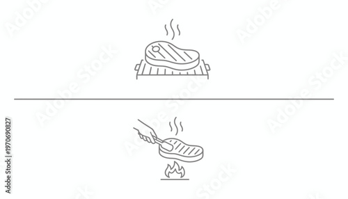 Steak cooking on grill and pan, illustration, food preparation, barbecue, culinary