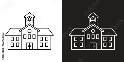 Minimalist Line Art of a School Building in Black and White, Isolated on Black and White Backgrounds, Educational Architecture