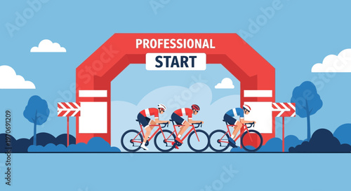 Professional Cyclists Racing Towards A Bright Start Under An Archway