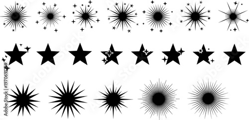 Star and sunburst icons silhouette vector illustration featuring decorative motifs, sparkling celestial designs, abstract festive radiant patterns