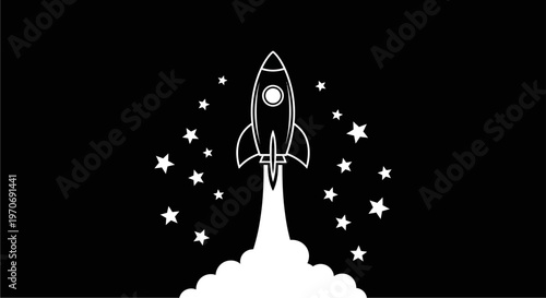 White outline illustration of a rocket launching into a starry night sky with smoke trails.