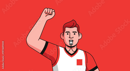 Referee Gesturing With Whistle And Fist Raised in Celebration, Isolated on Red Background