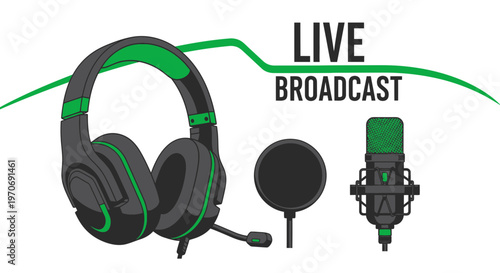 Professional Recording Equipment Illustration Featuring Headphones, Mic, and Pop Filter