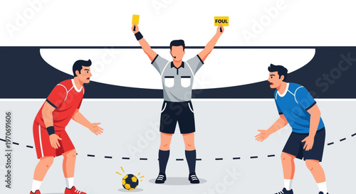 Referee Shows Foul in Handball Game with Players and a Lively Illustrative Soccer Ball
