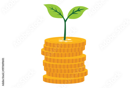 Growing money plant on coin stack, financial growth and investment returns concept vector illustration.