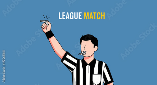 Referee Signals a Penalty in League Match with Whistle and Striking Pose on Blue Background