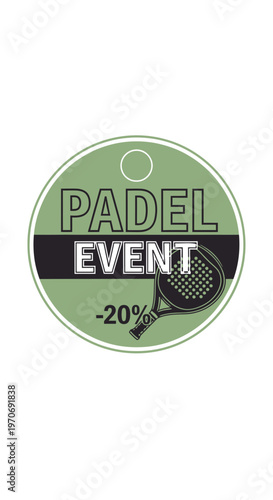 Promotional Padel Event Emblem Featuring a Stylish Racket and Discount Percentage