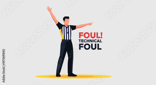 Referee Signals A Technical Foul With Bold Text And Minimalist Art Style