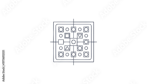 Detailed Square Grid with Geometric Shapes and Lines.
