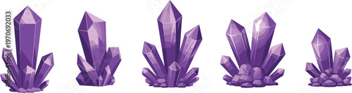 Purple crystal druse and amethyst gemstone cluster vector illustration set isolated on white background for magic fantasy game design