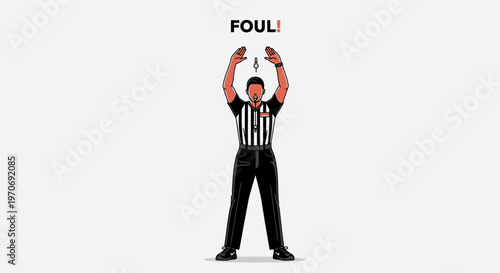 Referee Signals Foul With Raised Arms And Whistle Illustration On White Backdrop