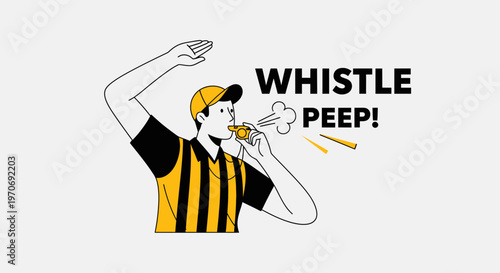 Referee Signals Play, Blowing Whistle and Signaling, Cartoon Illustration in Minimal Style