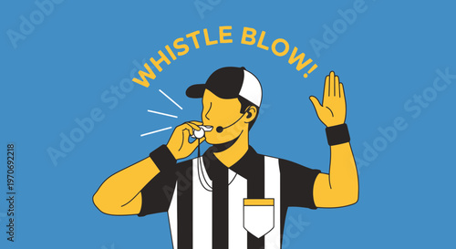 Referee Signals Play, Whistle Blows, and Gesture of Authority in a Sports Game