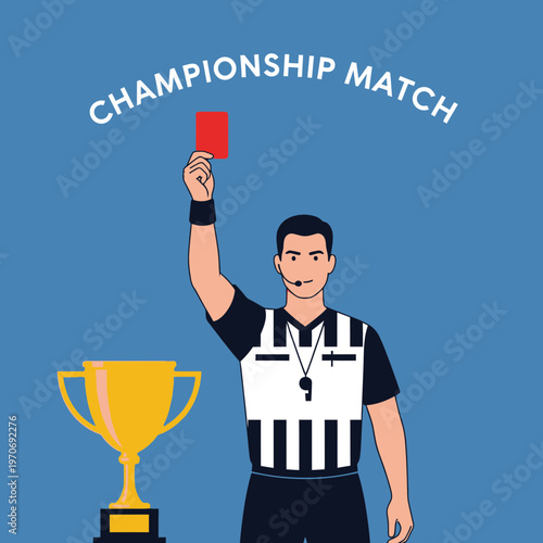 Referee Signals Red Card During Championship Match Beside Trophy With Blue Background