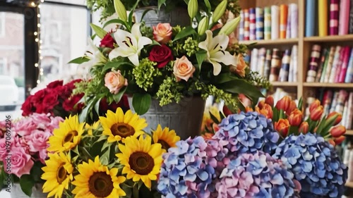 A florist arranges a beautiful assortment of fresh cut flowers including roses and hydrangeas in a shop setting