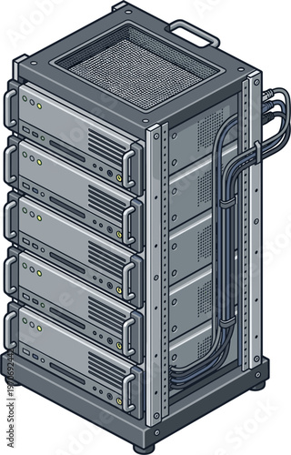 Isometric pixel art illustration of a server rack filled with multiple hard drives and network cables, featuring a cooling system at the top. Ideal for tech and data center themes.