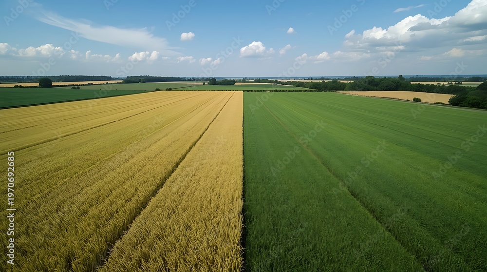 Fototapeta premium Aerial View of Lush Green and Golden Fields Under Blue Sky.