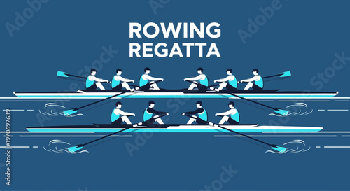 Rowing Regatta Illustration Depicting Competition and Teamwork on a Blue Water Background