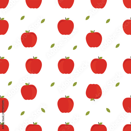 Seamless pattern featuring red apples with green leaves. Ideal for food packaging, kitchen decor, wallpaper design, and fabric printing.