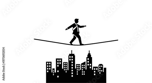 Businessman walking on a tightrope above a city skyline, symbolizing risk, balance, and corporate challenges in an urban environment.