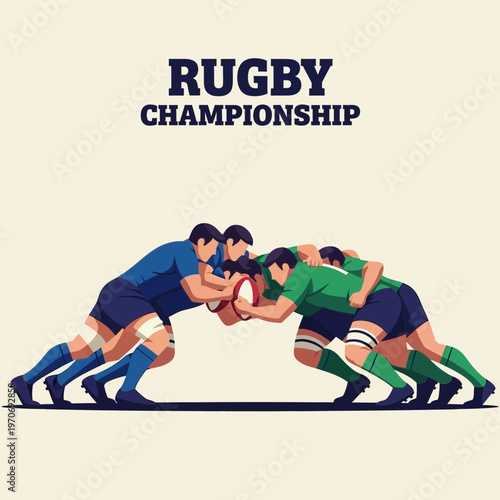 Rugby Championship Illustration: Athletes Engage in Intense Scrum Formation during the Match