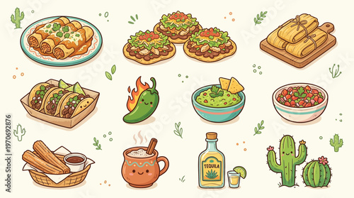 A collection of cute cartoon Mexican food and drink illustrations including tacos, enchiladas, guacamole, tequila, and horchata, with a friendly chili pepper and cacti.