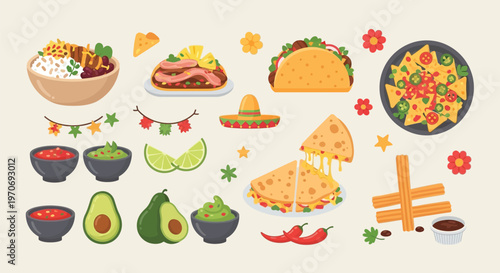 A vibrant collection of traditional Mexican food items including tacos, nachos, quesadillas, burritos, guacamole, and salsa, with festive decorations.